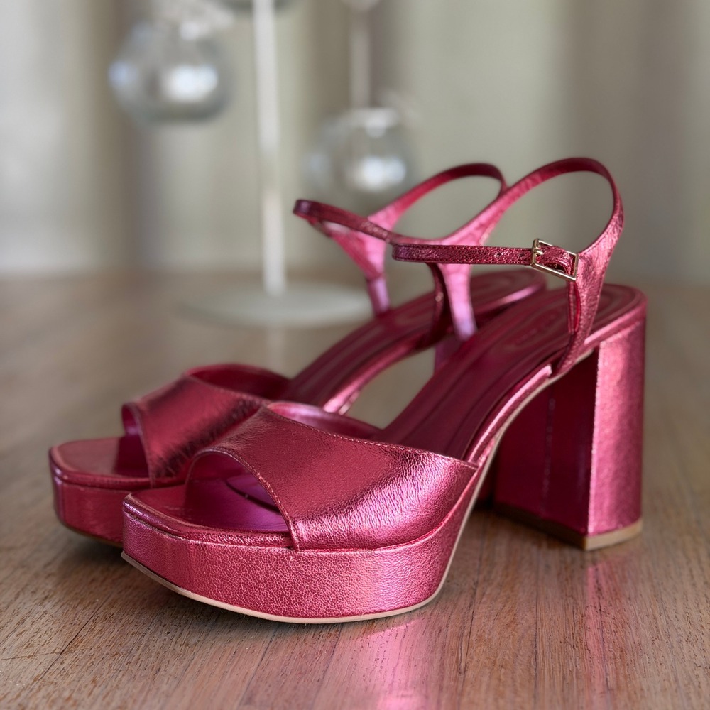 Open Edit Pink Metallic Platform Block Heel Sandals Square Toe 6.5M Barbiecore